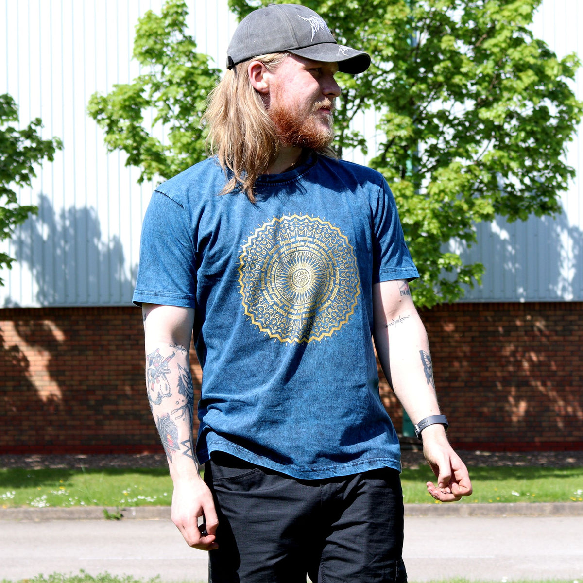 Niebieski T-Shirt z Efektem Sprania - Mandala - L