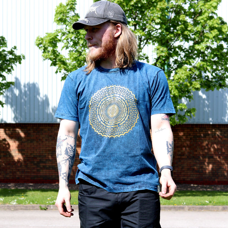 Niebieski T-Shirt z Efektem Sprania - Mandala - L