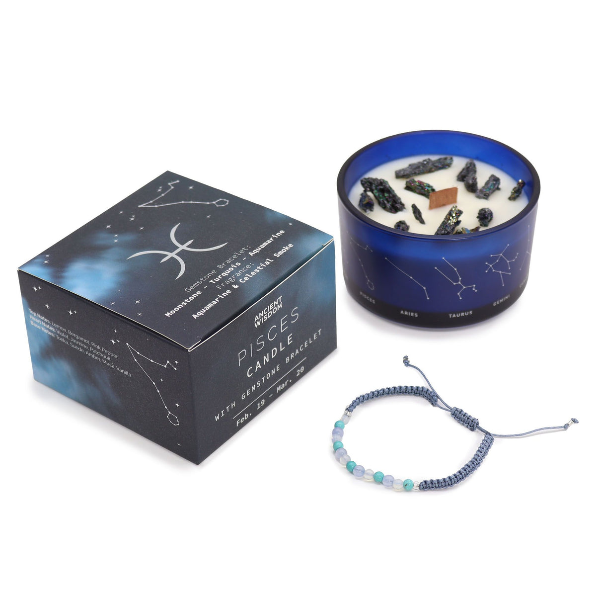 Kryształowa świeca zodiakalna z bransoletką z kamieni szlachetnych – Ryby