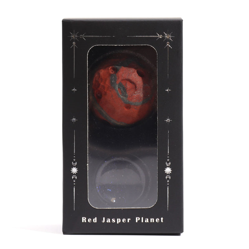 Planeta z czerwonego jaspisu na podstawce ze złotego kamienia słonecznego – 40 mm (podstawka 30x15 mm)