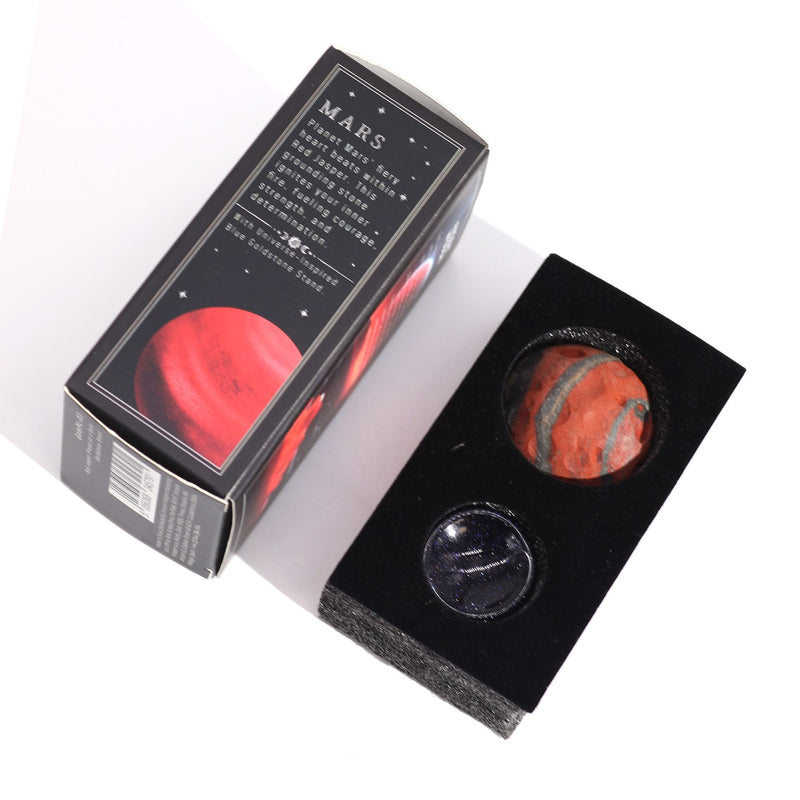 Planeta z czerwonego jaspisu na podstawce ze złotego kamienia słonecznego – 40 mm (podstawka 30x15 mm)