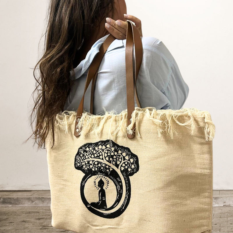 Torba typu tote w kolorze naturalnym ze skórzanym uchwytem – Budda