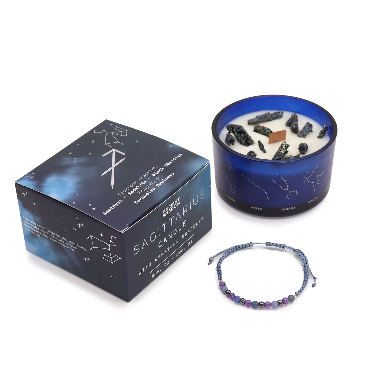 Kryształowa świeca zodiakalna z bransoletką z kamieni szlachetnych – Strzelec