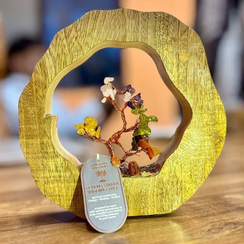 Drzewko 7 Czakr na równowagę, przepływ energii i duchową harmonię - MANGO WOOD RING, 60 kamieni