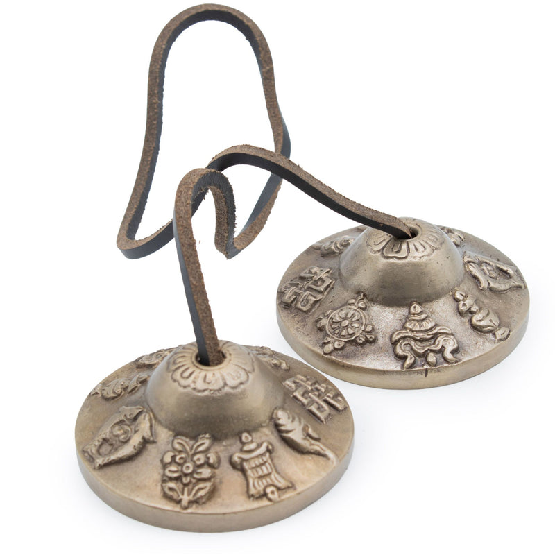 Wysokiej jakości tybetańskie talerzyki Tingsha z mosiądzu – symbole pomyślności – ok. 6 cm (155 g)