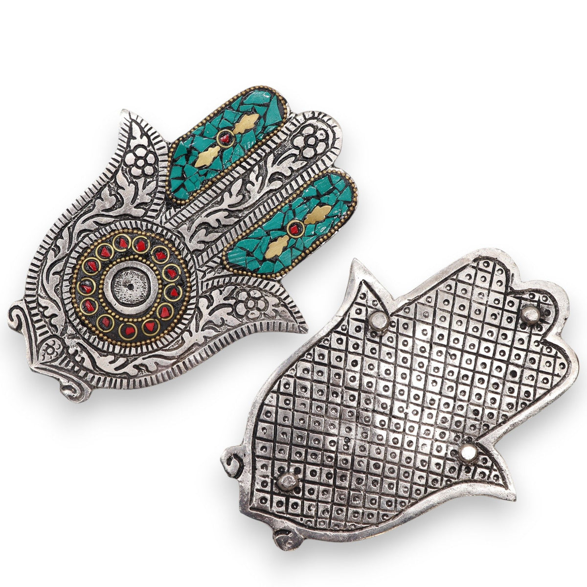 Podstawka z Polerowanego Aluminium 13x5.5cm - Mała Zielona Hamsa
