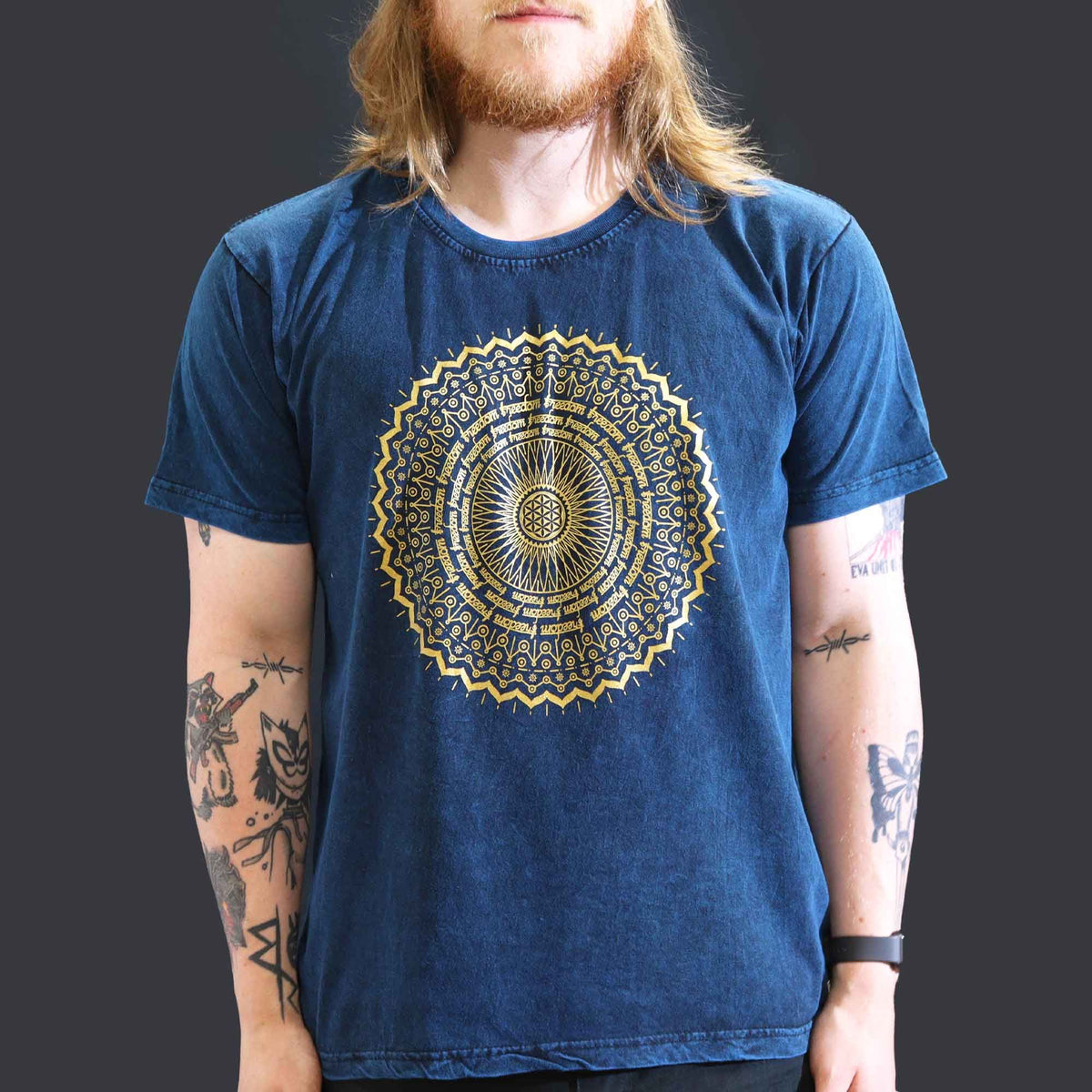 Niebieski T-Shirt z Efektem Sprania - Mandala - L