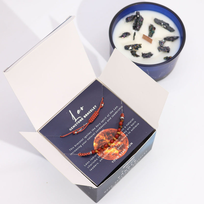 Kryształowa świeca zodiakalna z bransoletką z kamieni szlachetnych – Lew